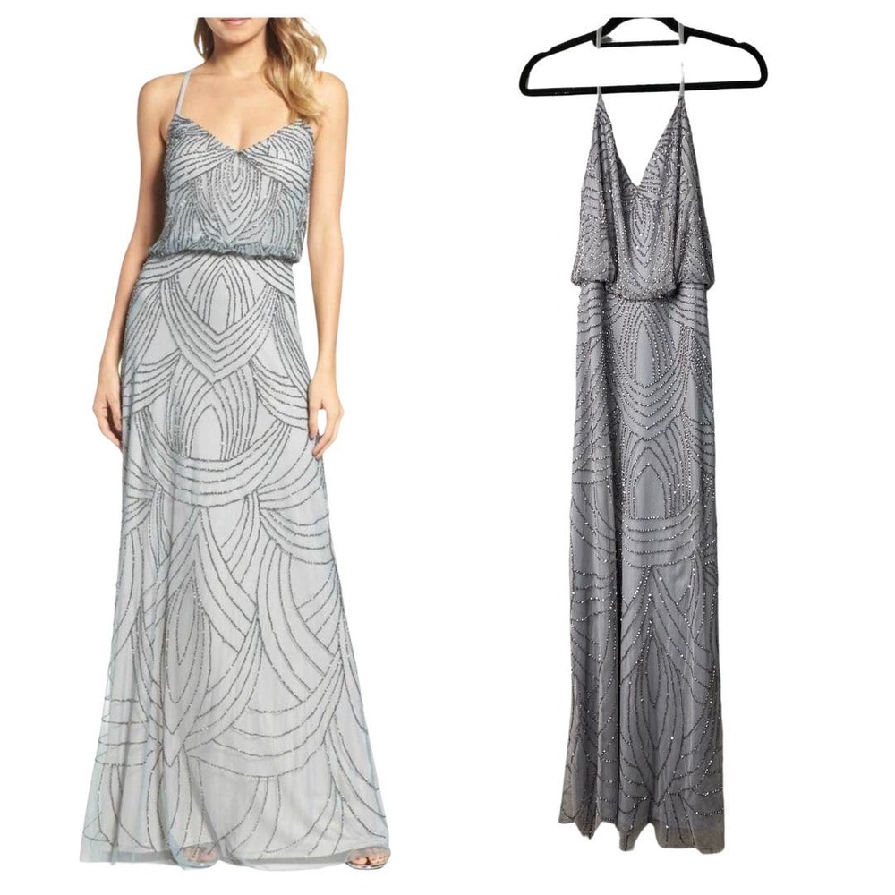 Adrianna Papell Dress Gown Maxi Art Deco Beaded Blouson Cross Strap Purple 2